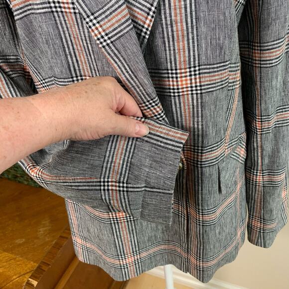 1.STATE Size 10 Double Breasted Blazer Jacket Black White Rust Orange Plaid - Picture 9 of 14